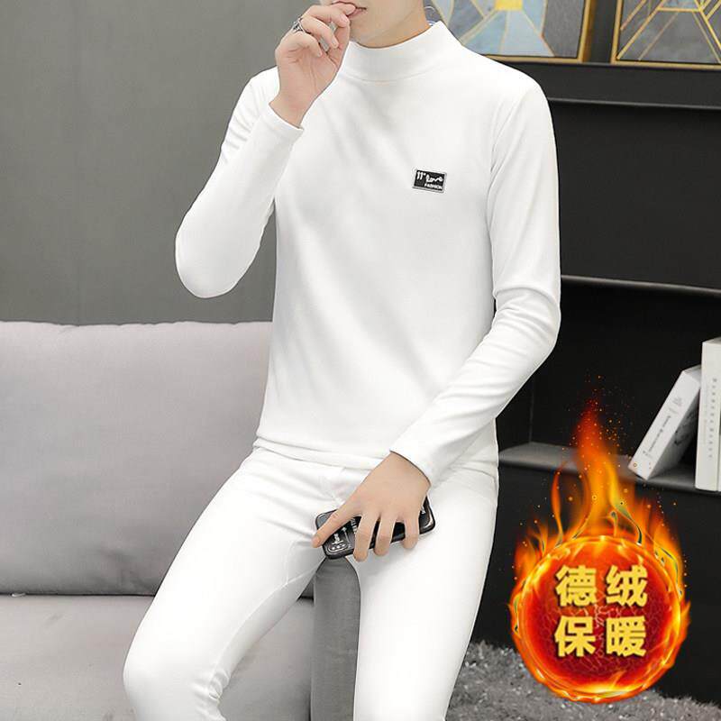 MAROLIO~德绒保暖内衣套装男加绒加厚半高领防寒中领白色秋衣秋裤