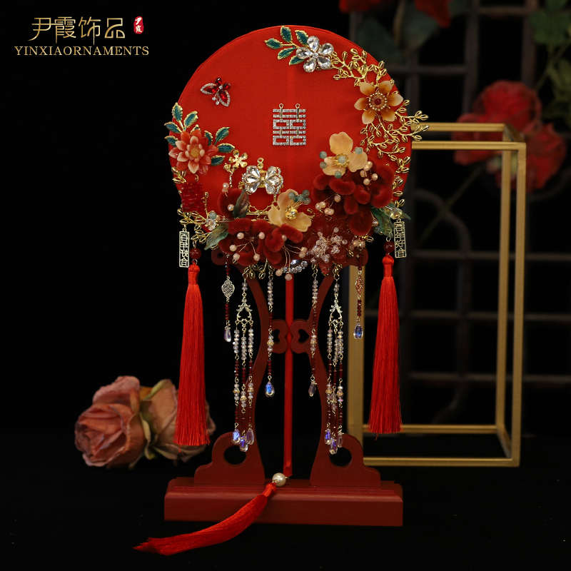 高端团扇新娘结婚喜扇中式婚礼出嫁婚扇绒花红流苏双面手工成品