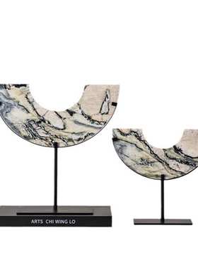 新中式客厅大理石拱门摆件现代黄洞石几何拱形玄关酒柜家居装饰品