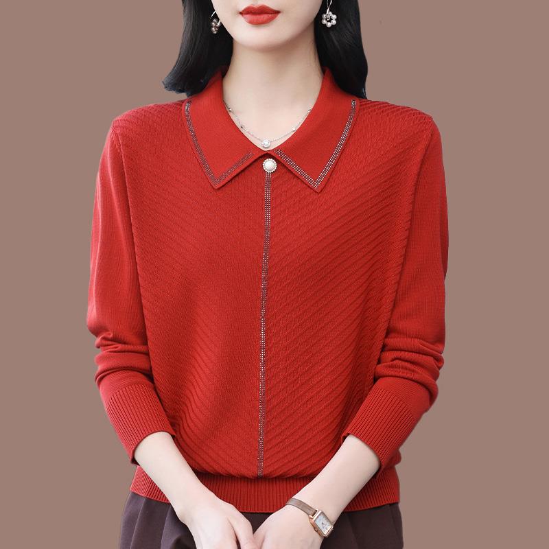 高贵妈妈春装桑蚕丝长袖T恤女polo翻领漂亮针织打底洋派小衫上衣