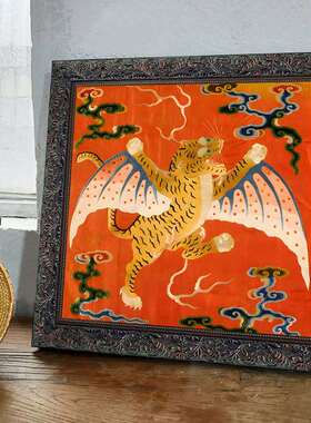 新中式嬉春图复猫咪实木庆外框节风装饰画Z003挂卧古室壁画玄关画