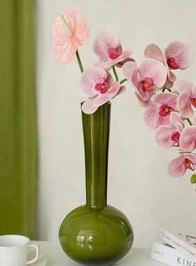 中古琉璃花瓶高级感绿色摆件桌面办公室干花花束客厅摆设一枝花高