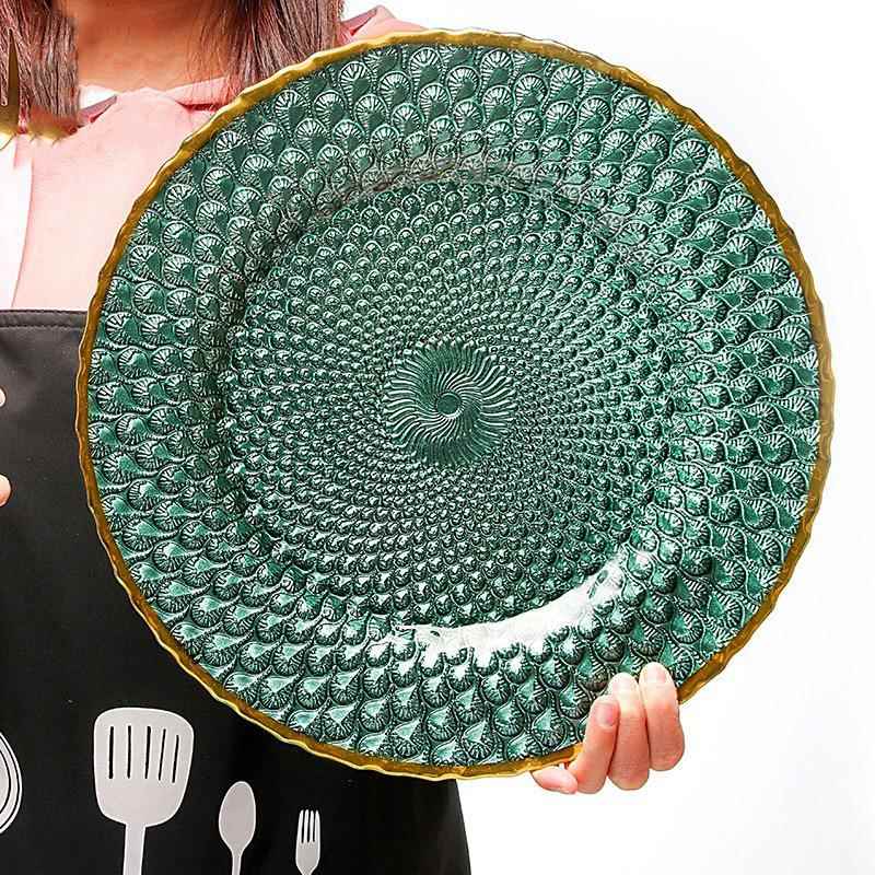 创意ins金边玻璃盘子 家用创意祖母绿水果甜品点心沙拉牛排西餐盘