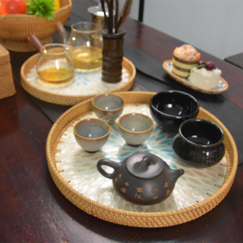 藤编贝壳托盘家用面包点心盘编织圆形手工客厅桌面圆形茶具收纳盘