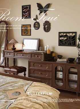 美实木梳台81871斗柜一体中古风卧室床柜式转角尾法式复古化妆妆