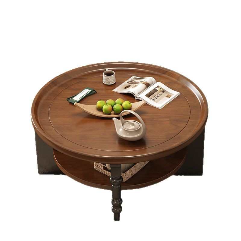 全实木茶几圆形新中式茶桌小户型家用客厅小茶几美式复古桌子FS@