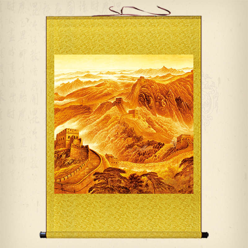 国画金色万里长城卷轴画中式靠山图风水装饰画办公室客厅丝绸挂画