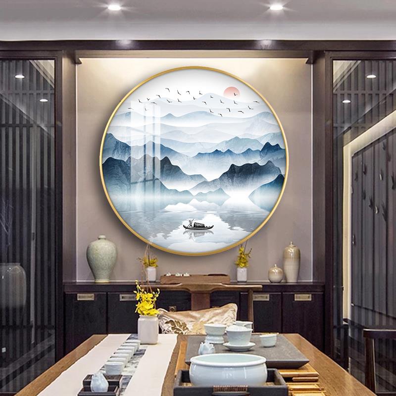 网红国新中装饰式画装饰画厅玄关形山水挂圆画走客廊中风禅意样板