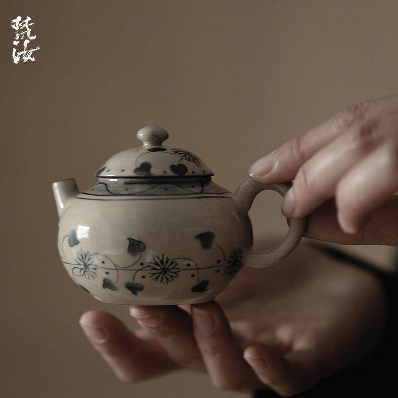 梵汝景德镇引手绘花点枝空梦壶高档家用青花陶瓷茶具泡茶壶手执壶