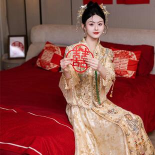 大尺码香槟金色秀禾服2024年新款V领喇叭袖中式高端重工结婚礼服