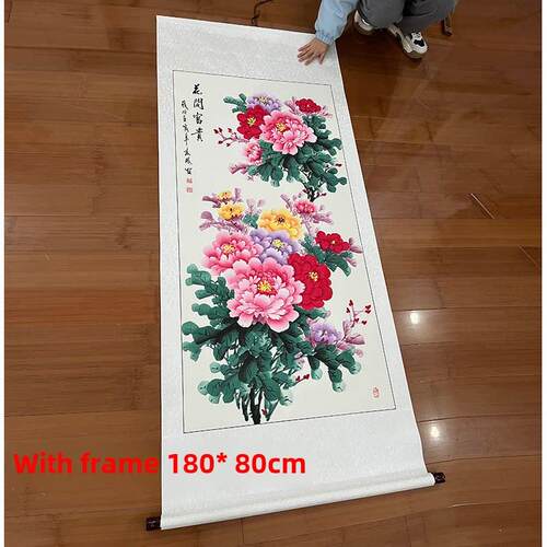 手绘国画牡丹花开富贵装饰画入户中堂玄关壁画新中式走廊过道挂画