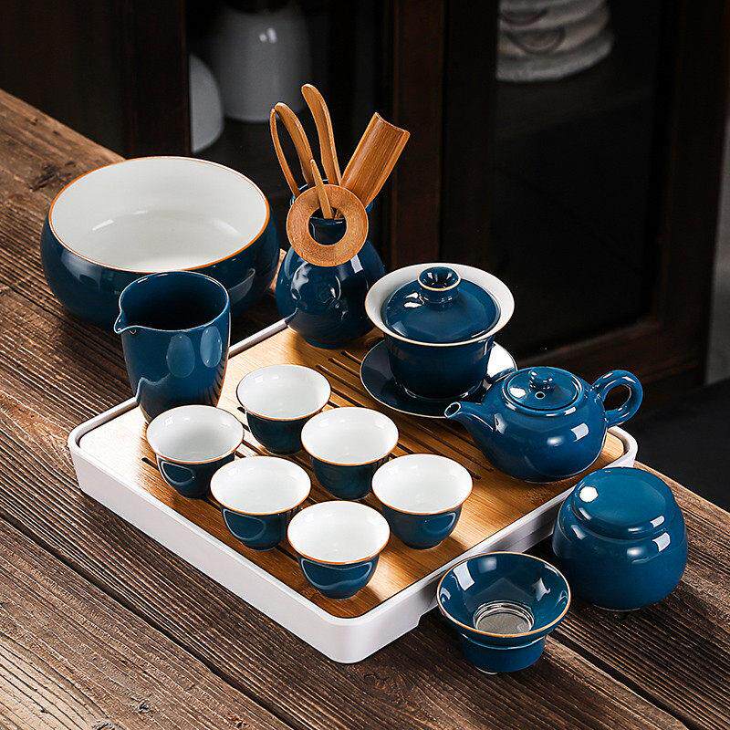 功夫茶具套装陶瓷家用简约盖碗茶壶茶道杯洗托盘泡茶器霁蓝色整套
