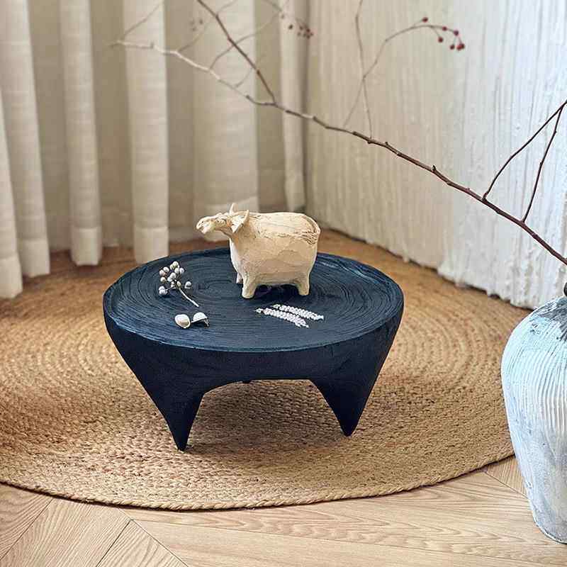 日式实木飘窗桌子圆桌茶桌炕桌炕几碳化木圆形茶盘地台矮桌