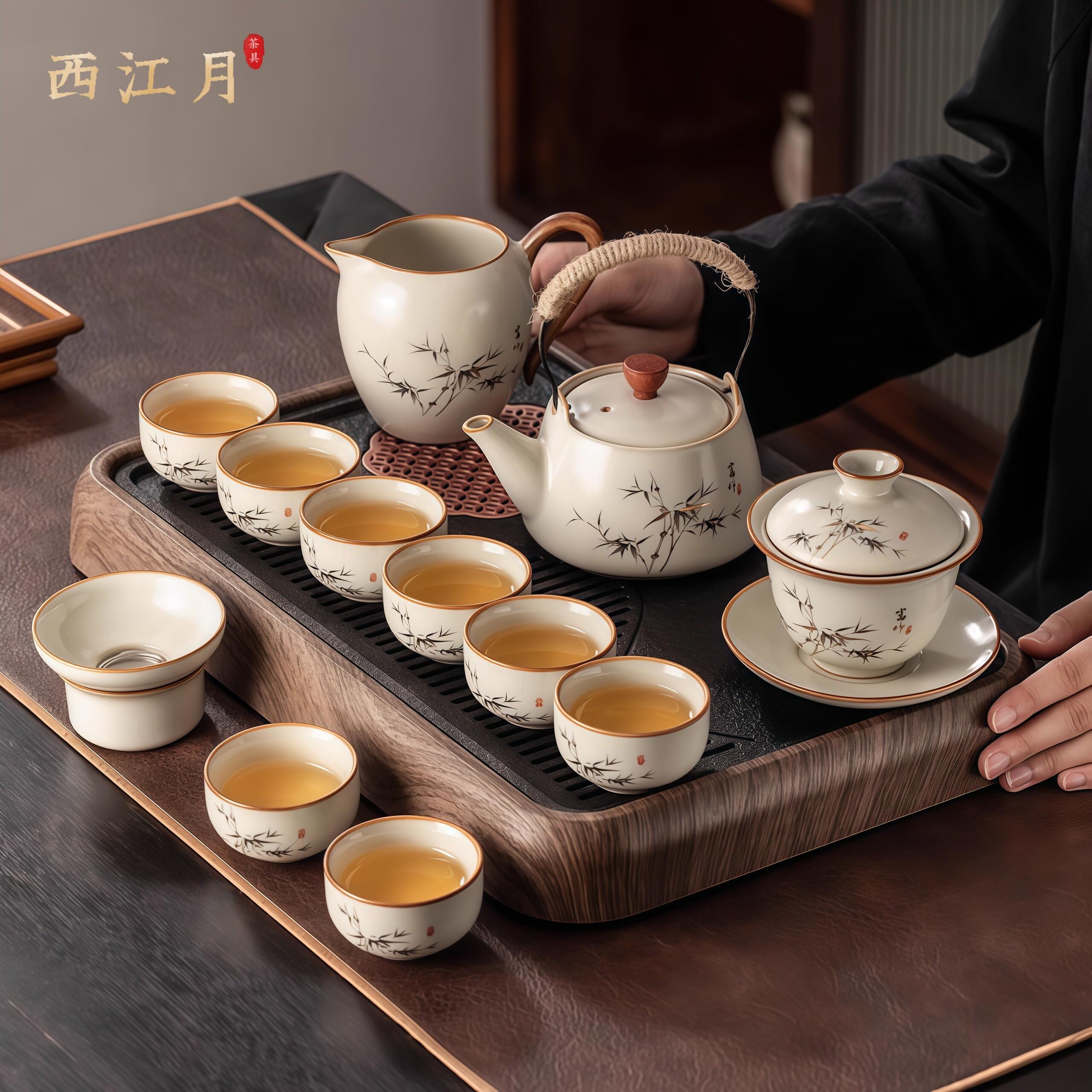 景德镇汝窑茶具套组中式家用办公陶瓷泡茶壶功夫茶杯整套功夫茶具