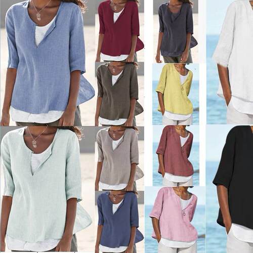 Cotton and linen plus size mid sleeved women's shirt
