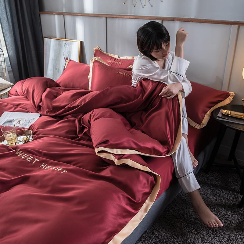 xyt夏季冰丝四件套婚庆酒红色床单床笠1.8床罩被套冰丝缎面婚房床