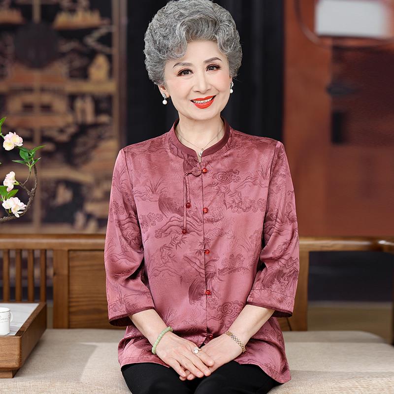 高档中老年人衬衫女夏装桑蚕丝100%套装大码奶奶开衫真丝印花上衣
