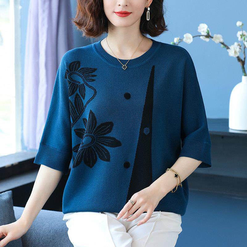 中年妈妈春夏上衣桑蚕丝七分袖T恤加肥加大码女装洋气冰丝针织衫