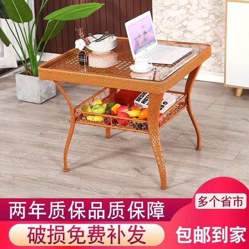 藤编桌子户外方桌藤桌家用藤编铁花喝茶桌床头单桌卧室咖啡店茶桌