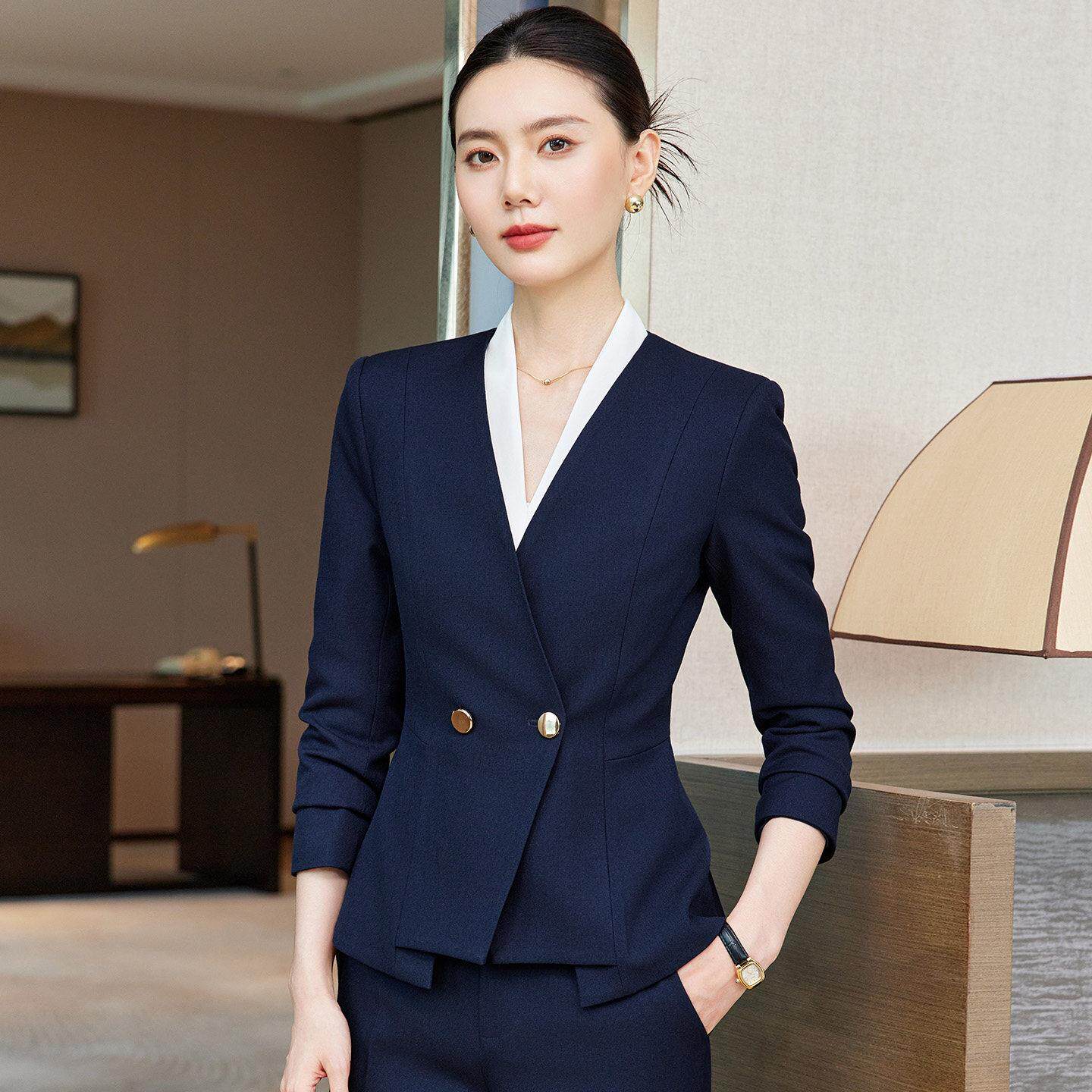 高端职业套装女气质V领美容院珠宝酒店前台秋冬季工作装制服西服