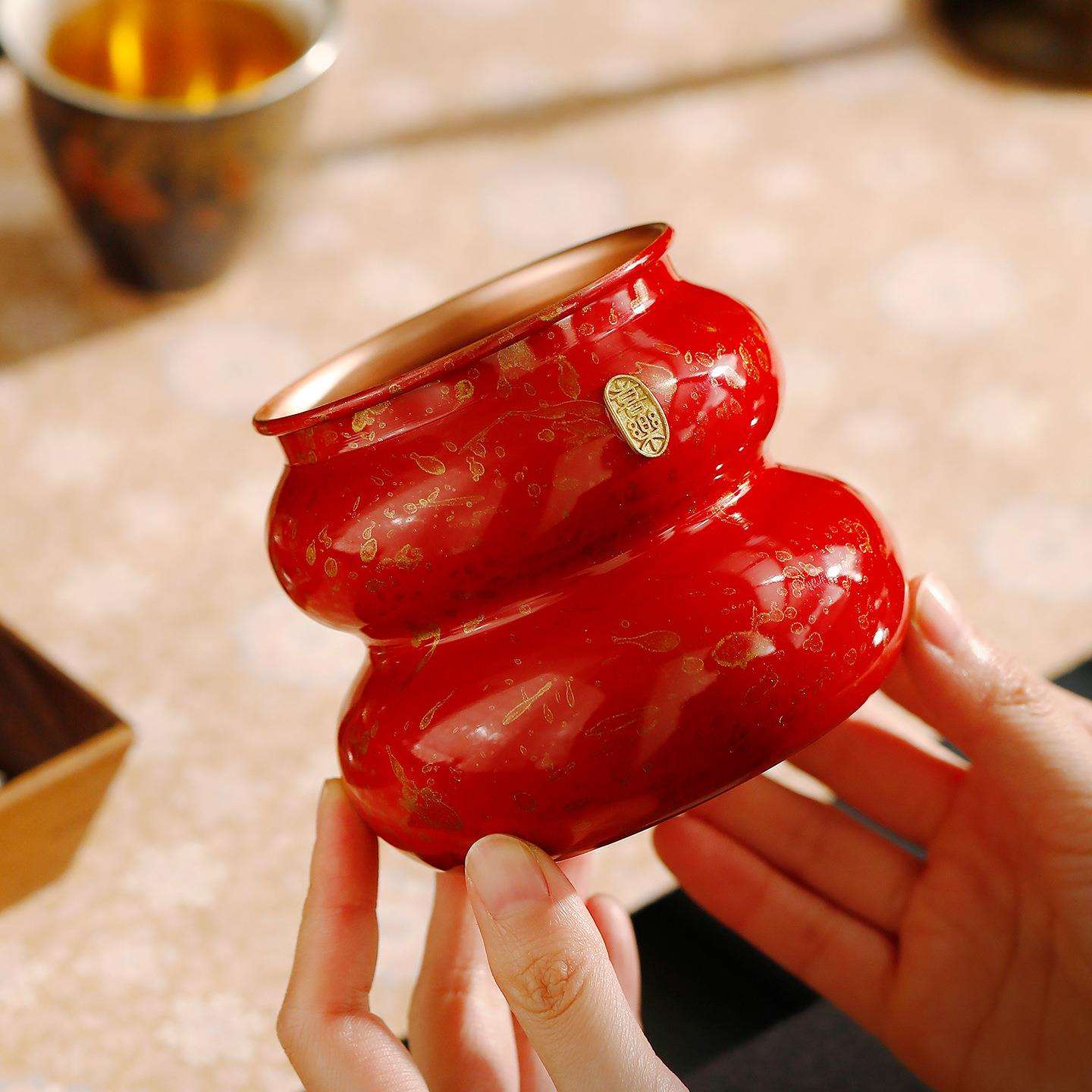 紫铜手工葫芦建水红色大漆高端茶渣缸废水盂渣桶杯洗茶洗茶具配件