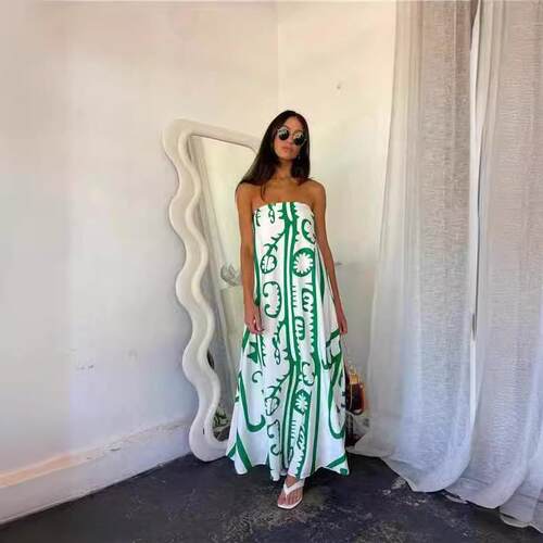 Women Tube Dress Strapless Backless Fruit Print Swing Dress