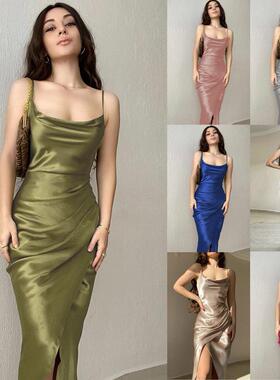 Low cut satin slit camisole dress looks slim with exposed