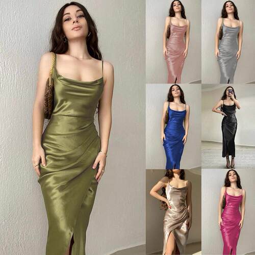 Low cut satin slit camisole dress looks slim with exposed