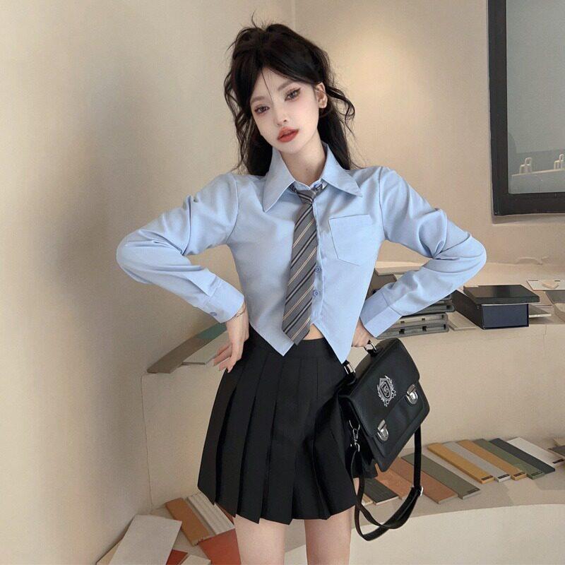 韩系学院风纯欲短款制服女长袖蓝衬衫半身裙足浴足道技师工作服