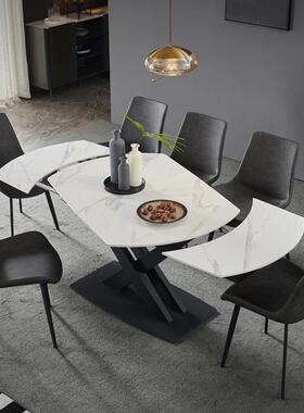 意式极简轻奢多功能岩板餐桌组合大小户型长方形伸缩旋转家用饭桌