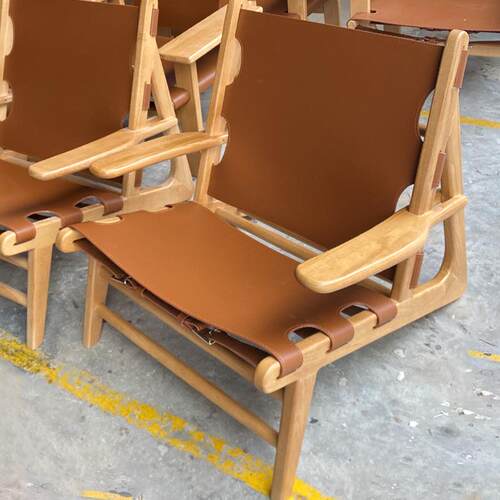 北欧阳台休闲椅家用实木马鞍皮沙发椅创意扶手靠背椅复古懒人躺椅