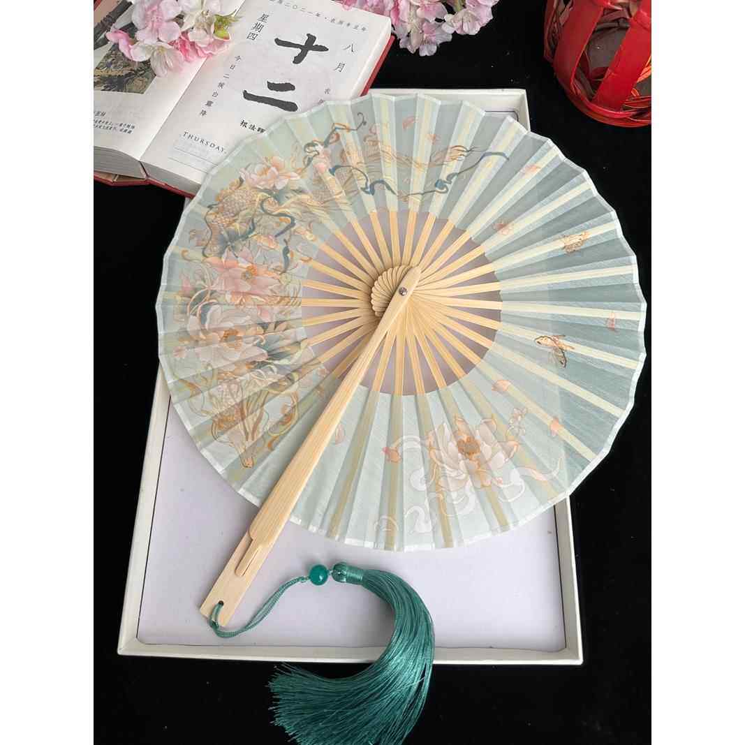 原装锦鲤折扇，古式烫金锦鲤手工圆竹扇，折扇，女式旗袍