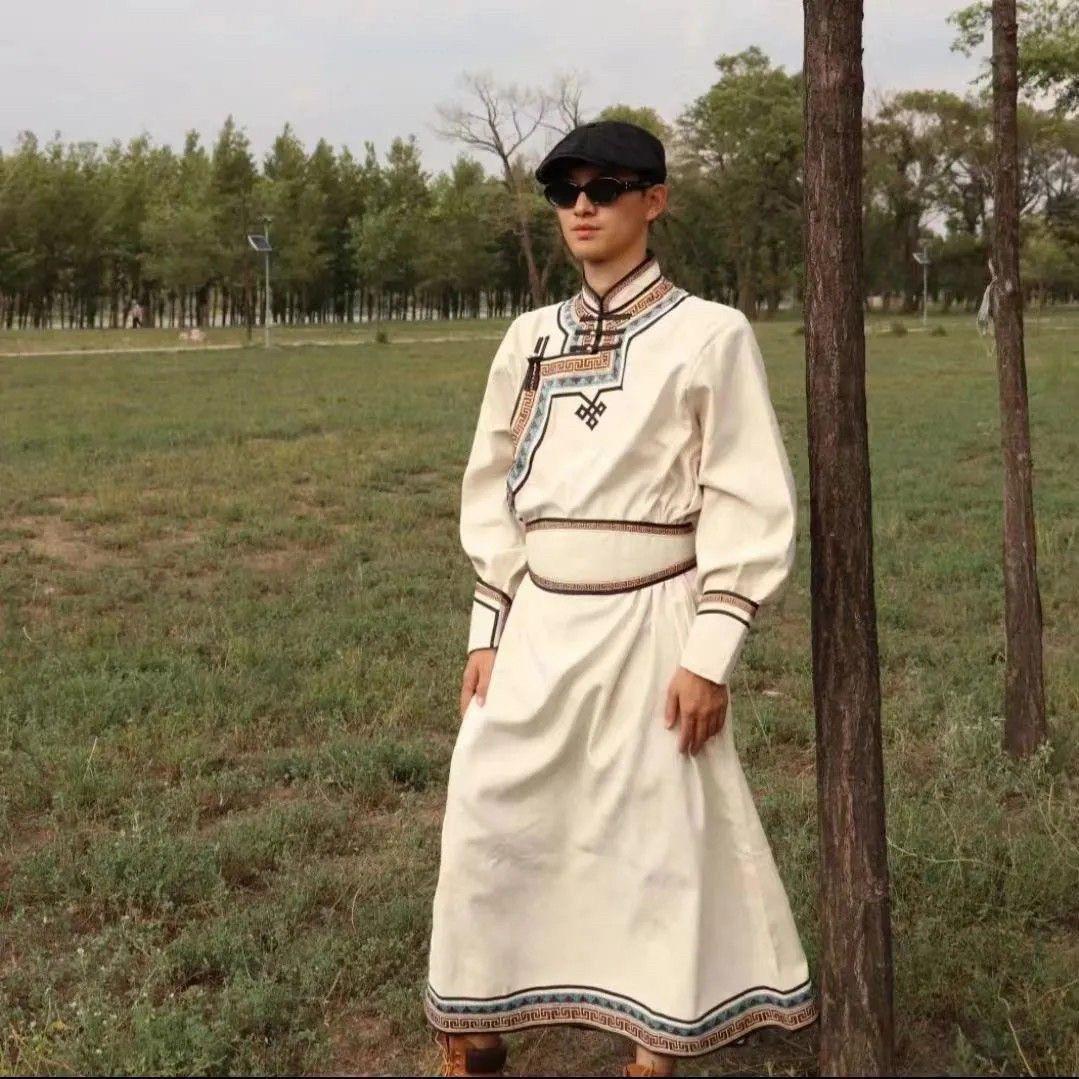 蒙古服蒙古长袍白色蒙古民族装男士日常服装蒙古袍男装演出表演