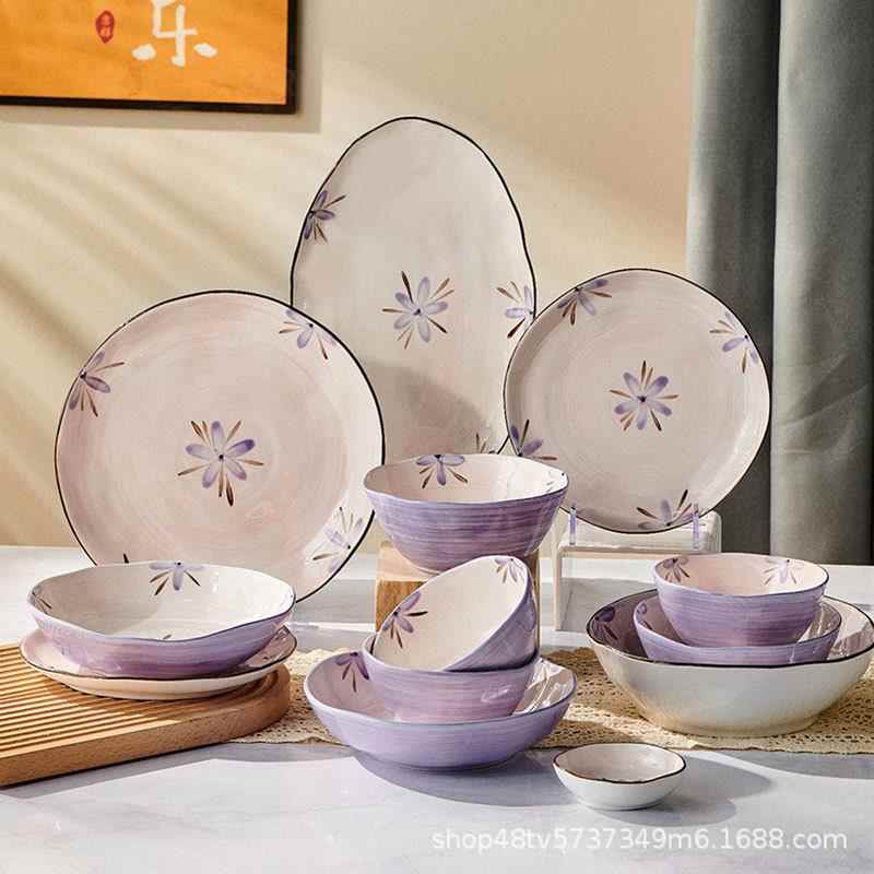 手绘釉下彩紫风铃系列陶瓷餐具碗盘碟紫色餐具可组合()