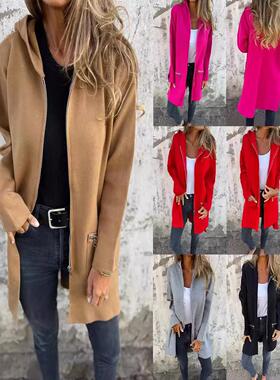 Women's long sleeved hooded mid length cardigan jacket for