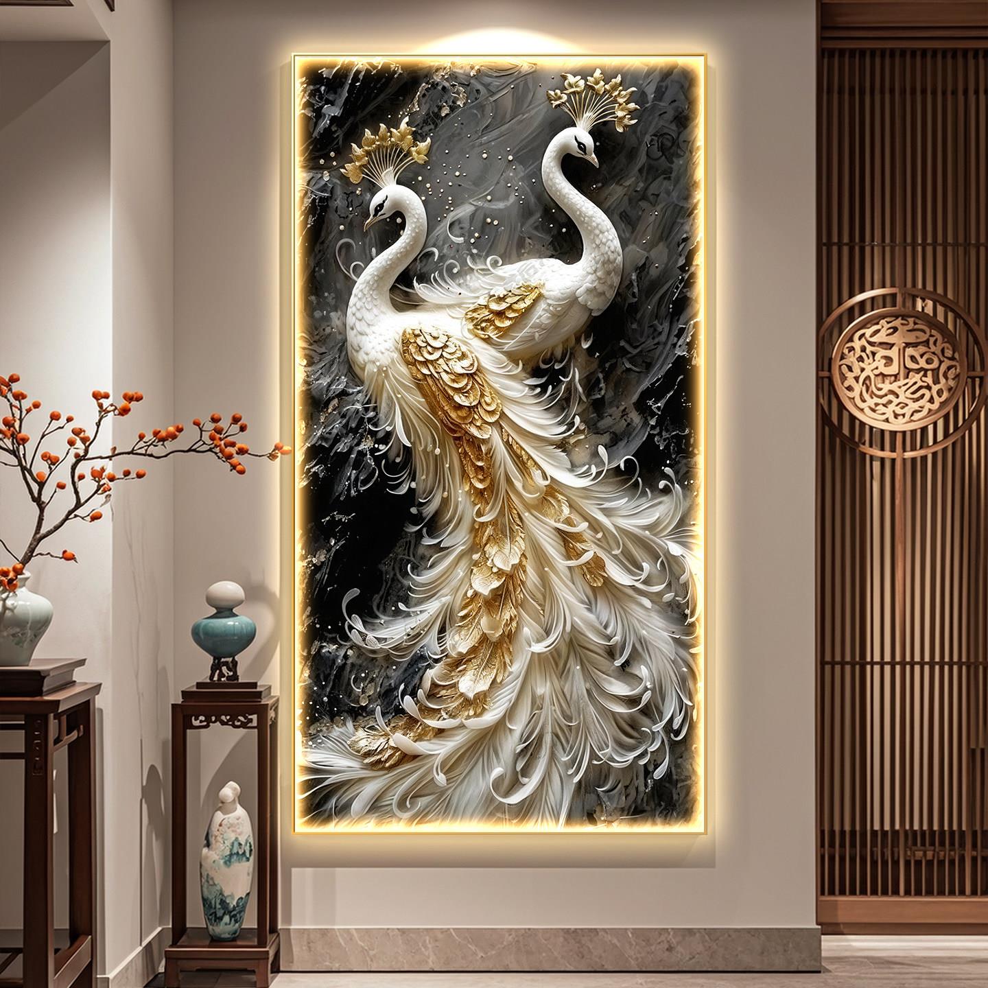 孔雀轻奢入户玄关装饰画 画带LED灯高级感浮雕立体挂画 画走廊过
