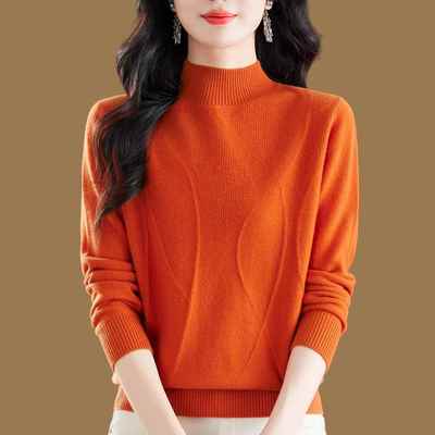 鄂尔多斯市100%纯羊绒衫女秋冬纯色大码半高领加厚羊毛衫打底上衣