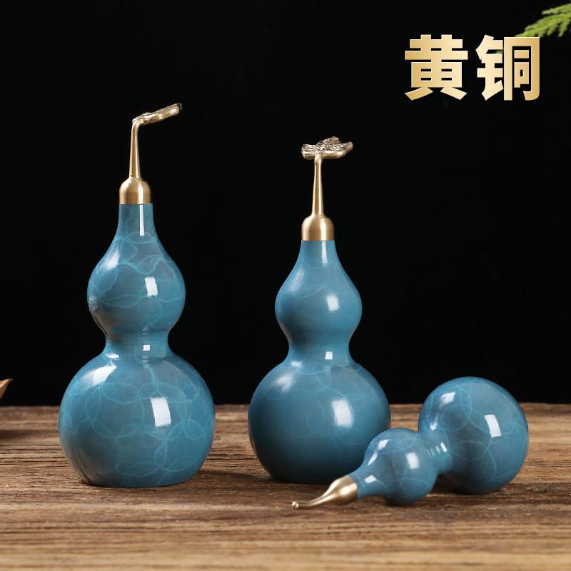 黄铜蓝韵葫芦开盖空心装朱砂客厅福禄工艺品摆件八卦五帝钱对门纯