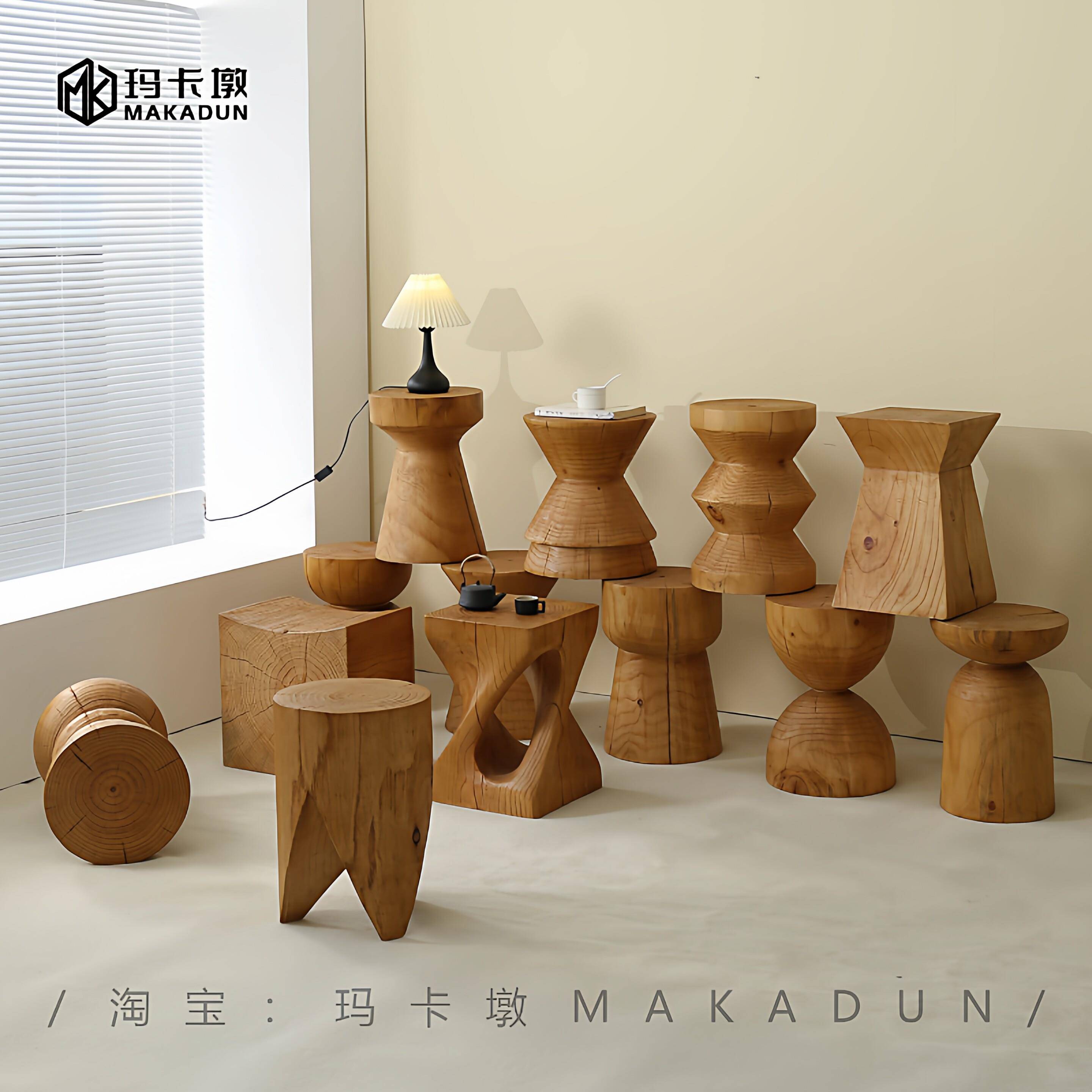 原木侘寂风实木墩子根雕凳子民宿茶几创意摆件花架矮凳换鞋凳