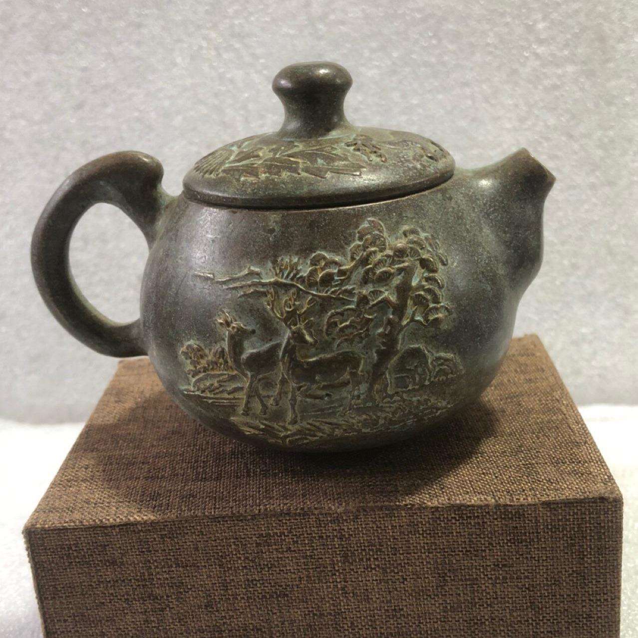 古玩杂项仿古青铜茶壶摆件家居办公铜器鹿小茶壶摆件