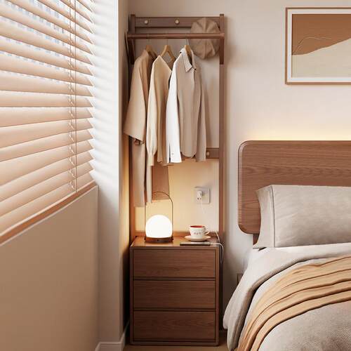 实木床头柜衣帽架一体家用室内卧室挂衣架实木置物架抽屉落地衣架