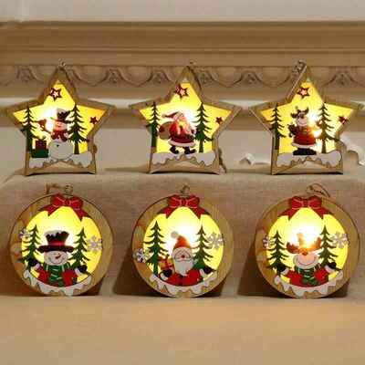 圣诞Christmas tree decorations Wooden luminous pendant gift