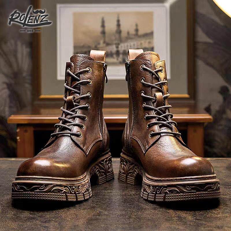 ROLENZ马丁靴真皮男靴潮流英伦覆古高帮皮鞋透气牛皮厚底工装靴子