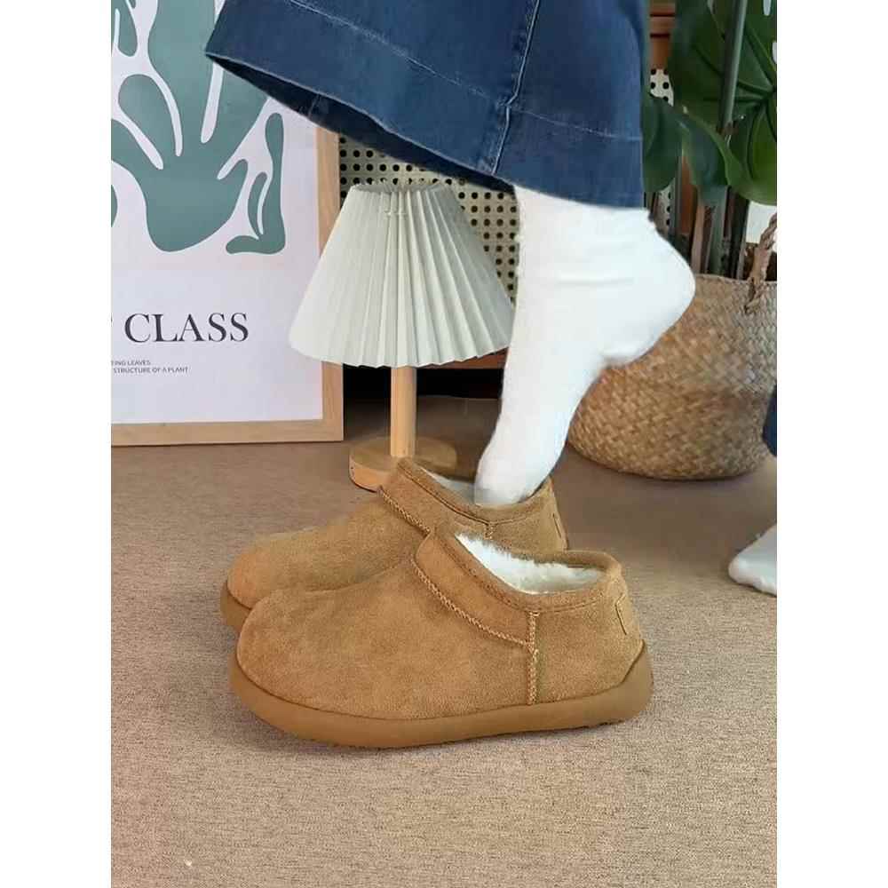 秋冬季驼色厚底靴女小土豆加绒保暖毛毛勃肯鞋懒人一脚蹬短1202n