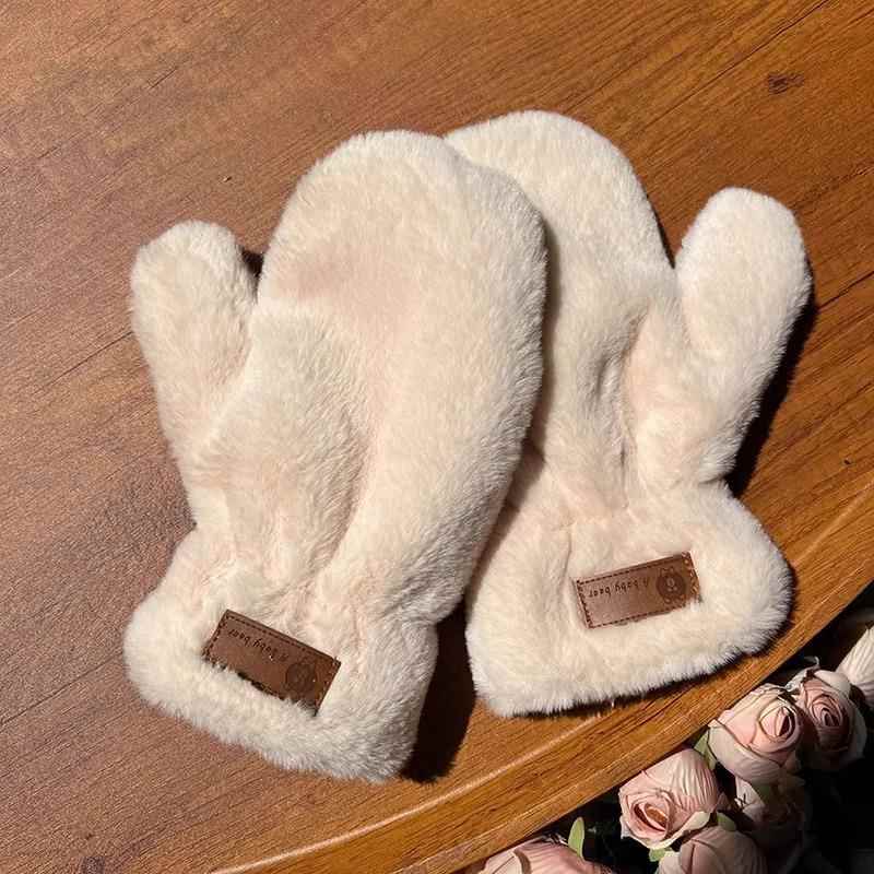 秋冬加绒仿兔毛连指保暖手套女款