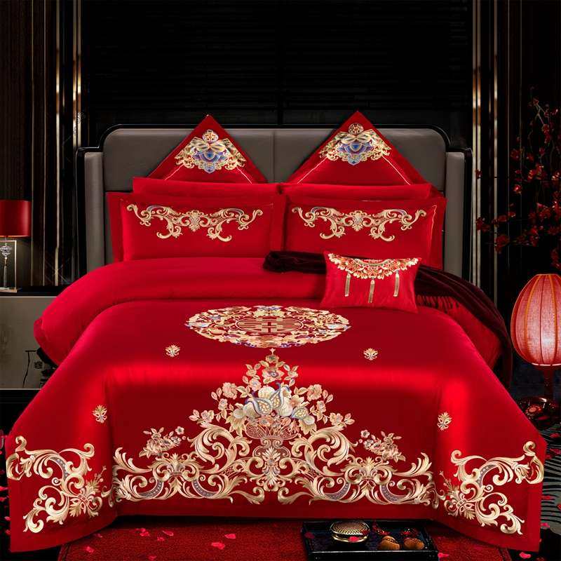 100S支全棉长绒棉纯棉婚庆四件套大红色刺绣结婚喜被婚房床上用品,床上用品,婚庆床品套件,淘宝优惠券,粉丝福利购,淘宝优惠卷