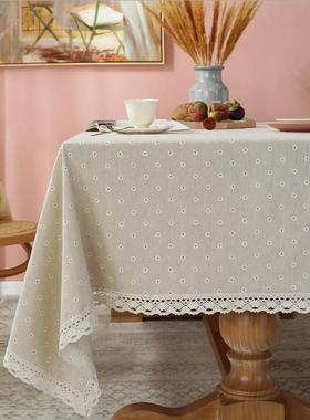 北欧简约风蓝色雏菊印花田园棉麻台布餐桌布家用万能盖巾流苏盖布