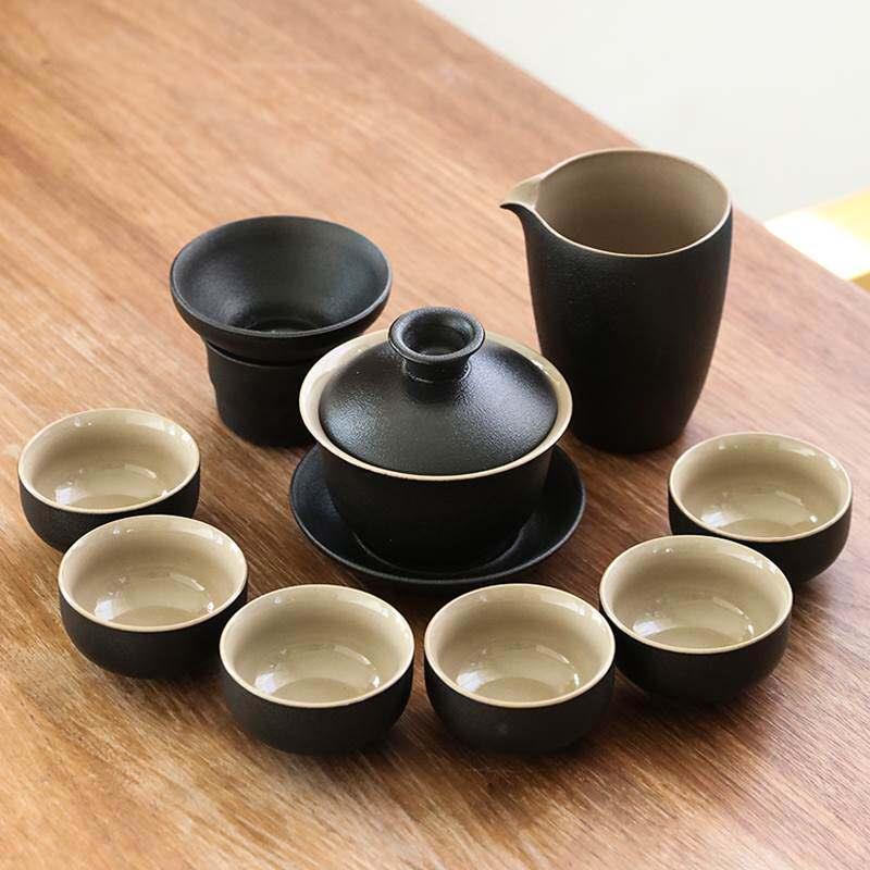 凌胜禅风黑黑陶茶具套装家用功夫茶杯粗陶陶瓷盖碗泡茶壶茶海茶道