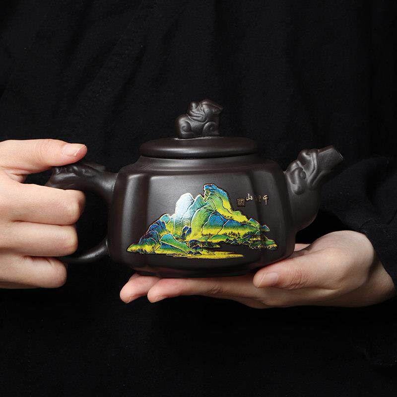 紫砂半手工凤鸣壶千里江山遇热变色茶壶家用简约单个泡茶壶西施壶
