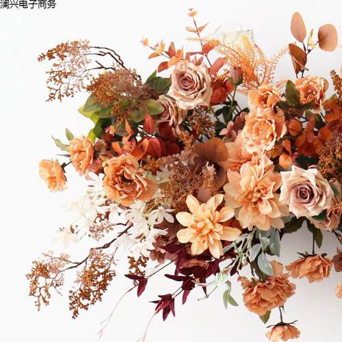 HUD复古花艺动色花排棕壁挂橱窗婚路礼装饰布置绢花活走道引